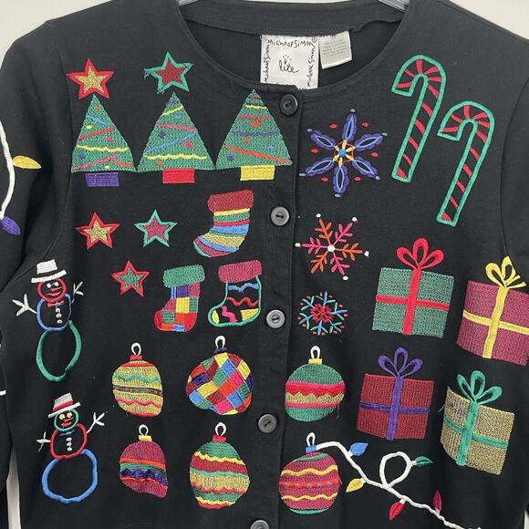Michael Simon Lite Christmas Cardigan Sweater Size M Black Embroidered Colorful - Picture 4 of 7